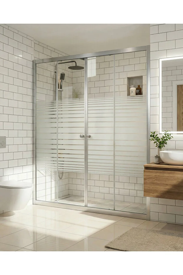 Ön Cephe Çizgili Temperli Cam Sürgülü Kapılı Teknesiz Duşakabin 